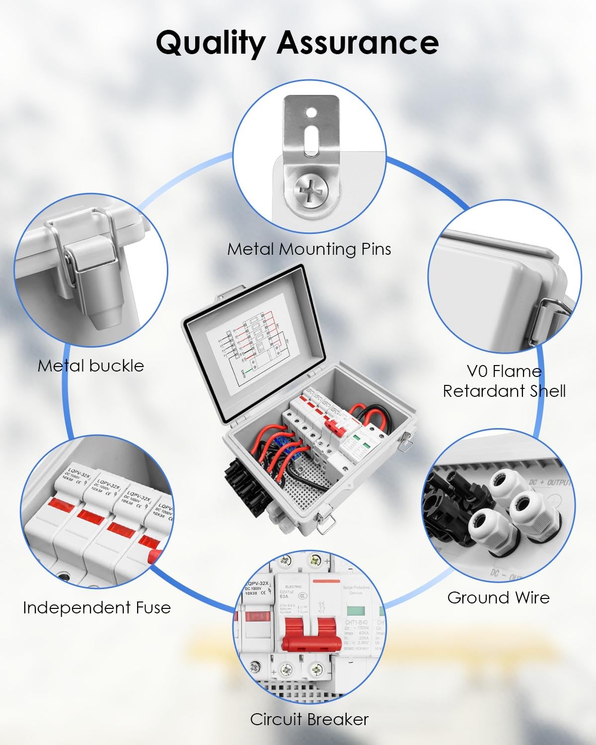 Solar Combiner Box for On/Off Grid Solar Panel System, 4 String PV Combiner Box with 10A Rated Current Fuse and 2P 63A Circuit Breakers