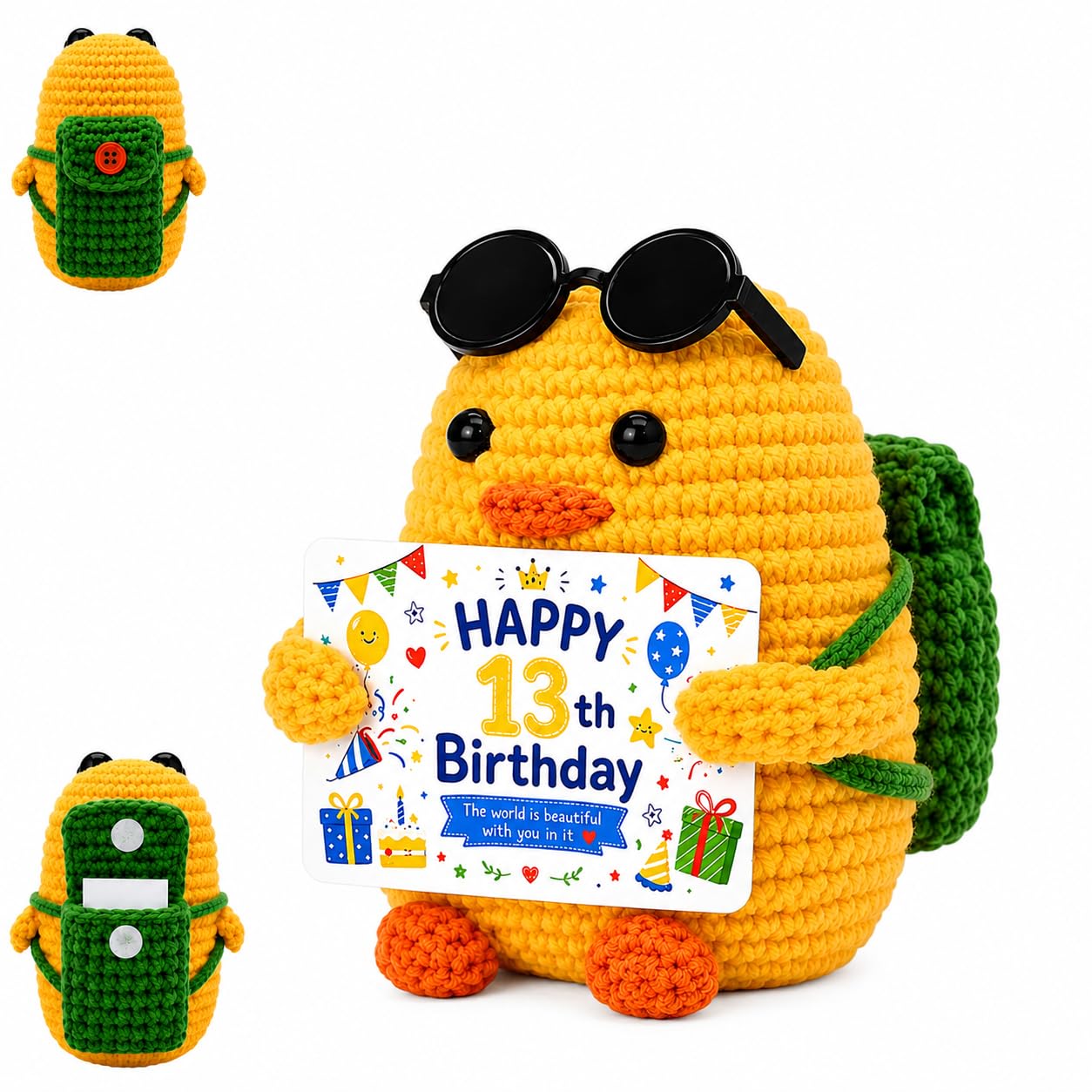 VORTAZEN 13th Birthday Gifts for Grils Boys, Handmade Crochet Duck with Sunglasses and Mini Backpack, Cute Personalised Message Gift for Teen Girls Boys