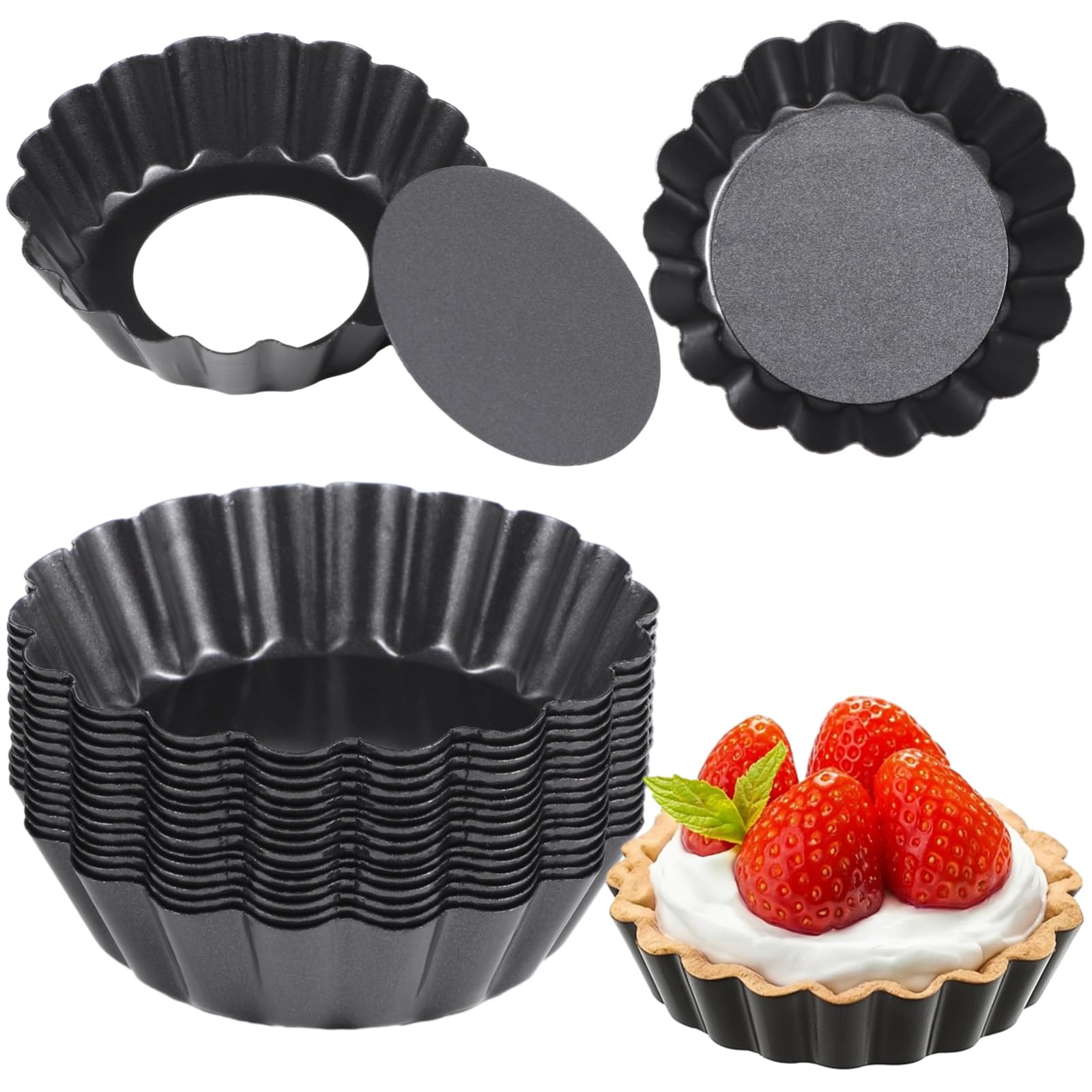 YOFAPA 16 PCS Mini Removable Bottom Tart Pans, 3 in Nonstick Carbon Steel Fluted Cake Molds, Flower Shape Mini Pie Pans