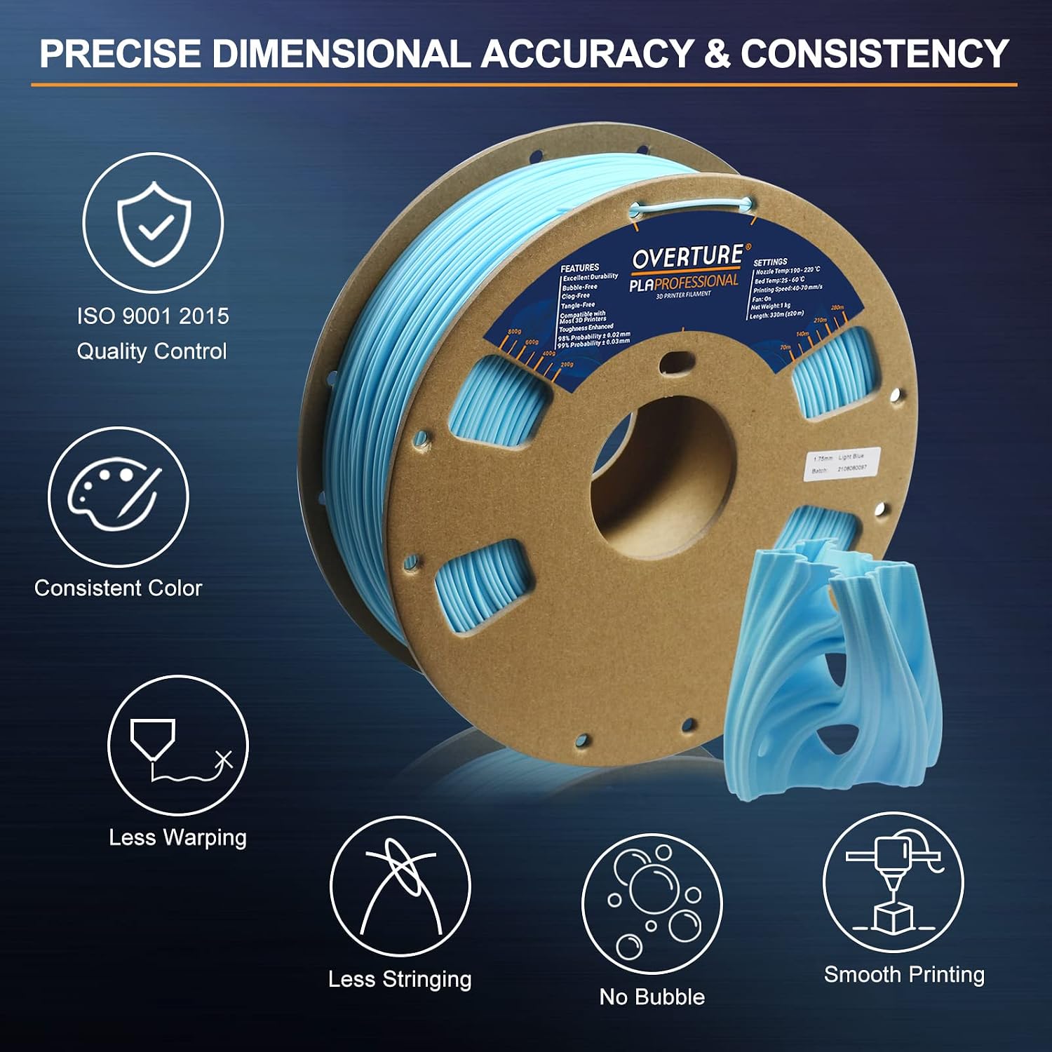 OVERTURE PLA Plus (PLA+) Filament 1.75mm PLA Professional Toughness Enhanced PLA Roll, Cardboard Spool, Premium PLA 1kg(2.2lbs), Dimensional Accuracy 99% Probability +/- 0.03mm (Light Blue)