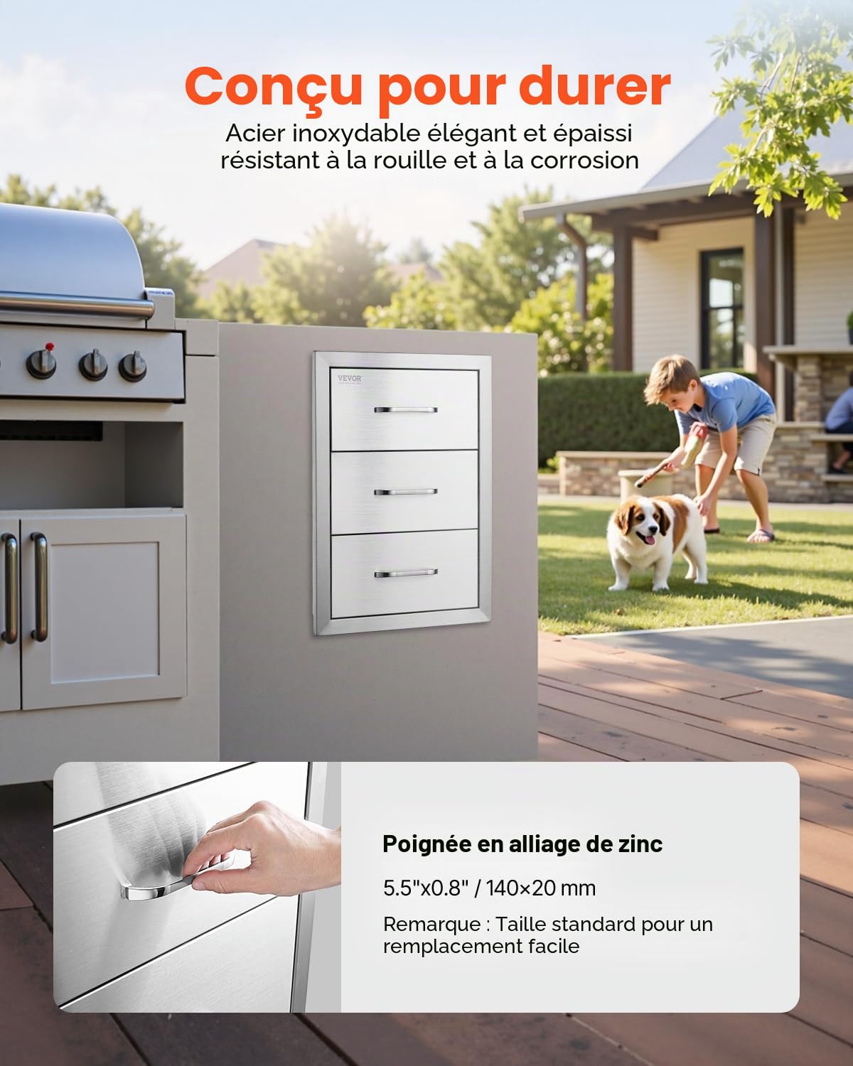 VEVOR Tiroirs de cuisine d'extérieur 40,6 x 54,6 x 45,7 cm (l x H x P) – Tiroirs de barbecue encastrés à triple accès avec poignée en acier inoxydable, îlot de barbecue pour cuisine extérieure ou îlot