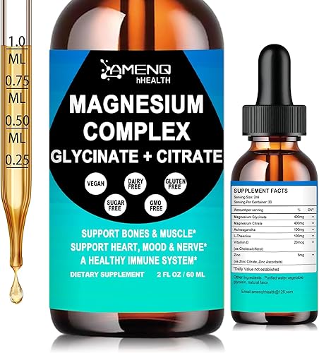 Suplemento de complejo de magnesio, triple calma glicinato de magnesio y citrato gotas de 400 mg, magnesio líquido de rápida absorción más
