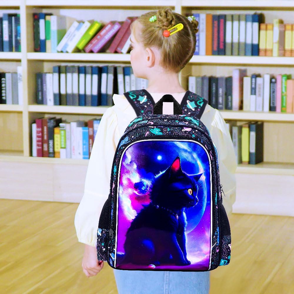 AGSDON 3PCS Cat Backpack for Girls, 16" Kids Reflective Backpacks Water Resistant for Elementary Preschool, Girl Bookbag with Lunch Box - Image 3