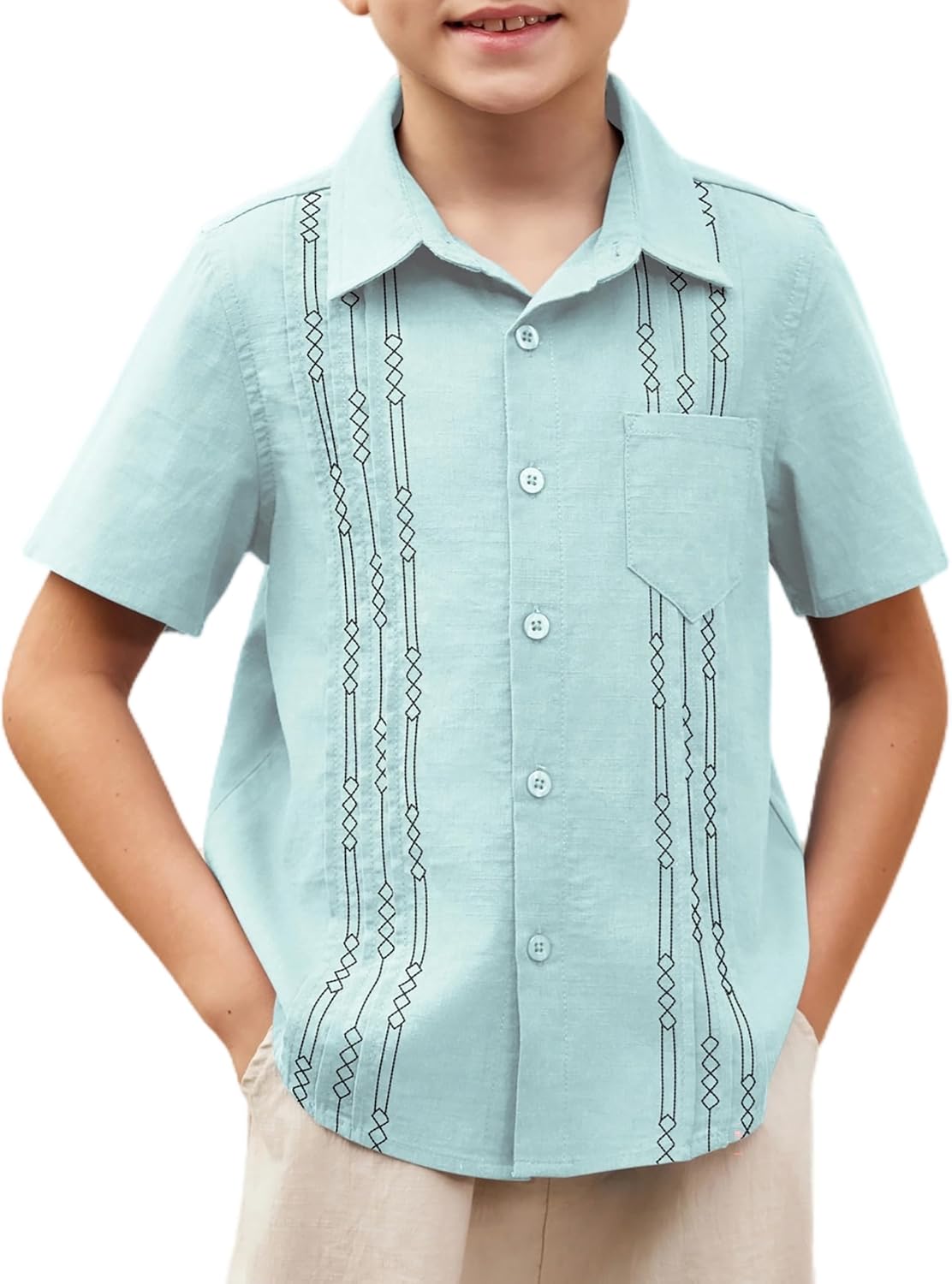 Arshiner Boys Guayabera Shirt Short Sleeve Cotton Linen Button Down Shirt Summer Beach Tops with One Pocket