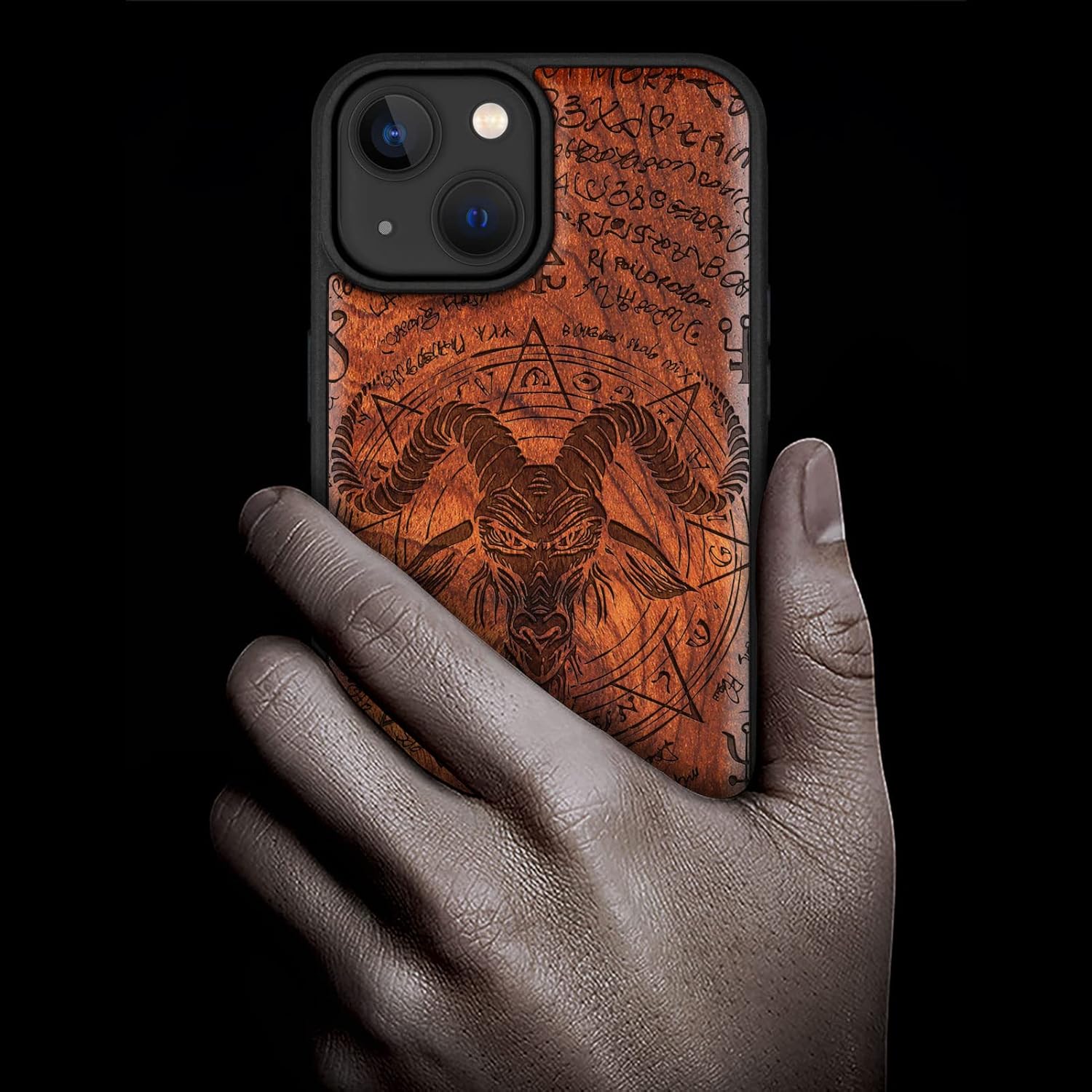 Carveit Magnetic Wood Case for iPhone 14 Case [Natural Wood & Black Soft TPU] Unique & Classy Wooden Shockproof Protective Cover Compatible with magsafe (The Devil -Baphomet -Rosy)