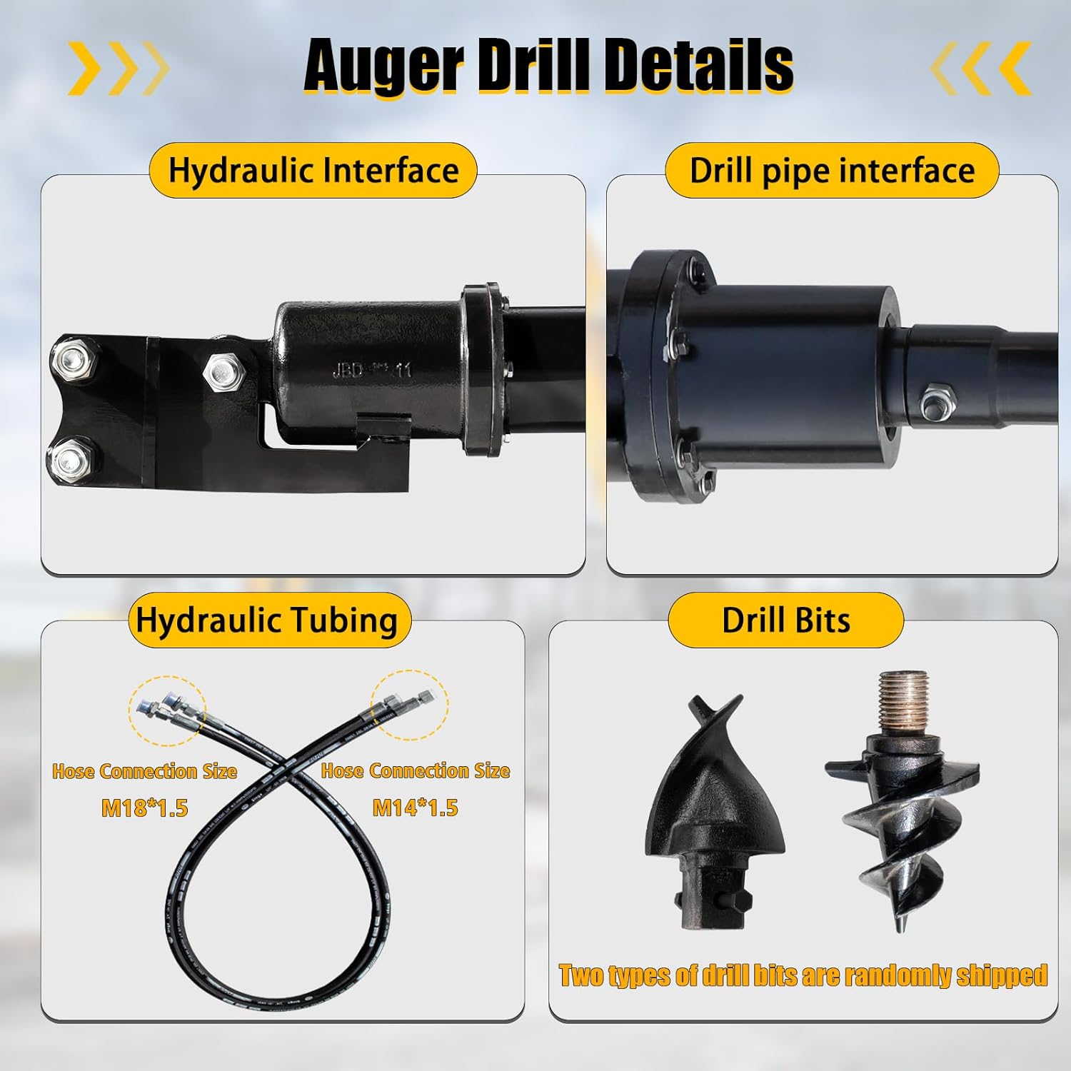 12"/300mm Mini Excavator Auger, Small Excavaror Attamentchs, Drilling Diameter of 12" Depth of 40", 2 Hydraulic Hose with M14 x 1.5, Hydraulic Drive Suitable for Drilling Digging Planting