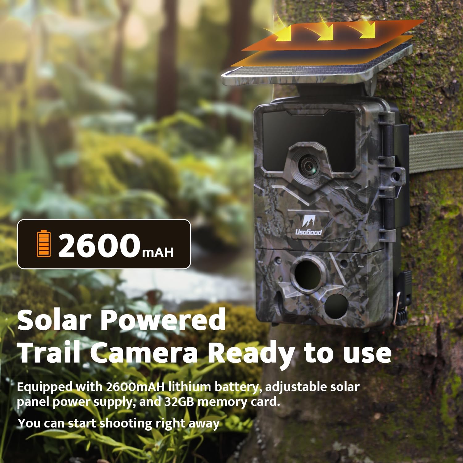 usogood Solar Powered Trail Camera mounted on a tree