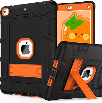 iPad 6th Generation Cases, iPad 5th Generation Case, iPad 9.7 Case, iPad Air 2 Case, Hybrid Shockproof Rugged Drop Protection Case Built with Kickstand for iPad 9.7 inch Black+Orange