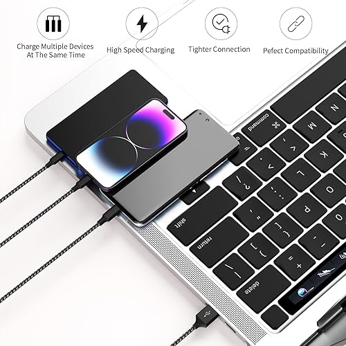 Miniatura 5 de Cable de carga múltiple (paquete de 2 de 4 pies), cable de carga 3 en 1 de nailon trenzado, cable de carga universal con puerto USB tipo Cmicro y