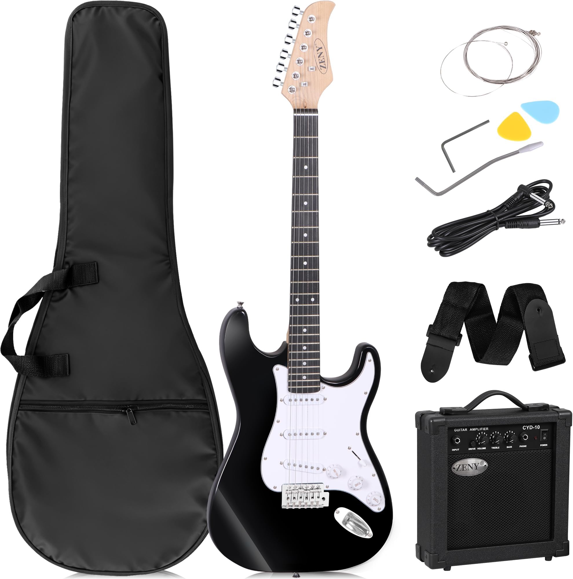 39 Inch Full Size Electric Guitar Kits with Adjustable Strap, 10W Amp, Case Bag and Strings for Beginner Starter, Kids(Black)