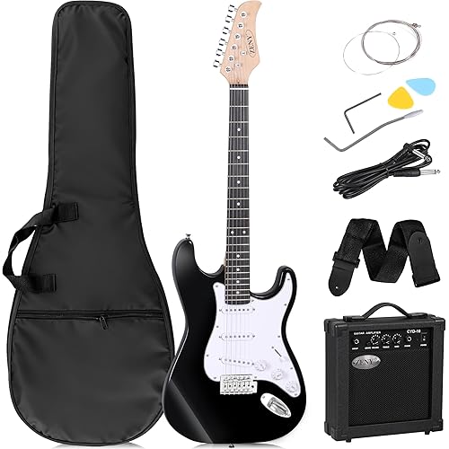 ZENY 39in Full Size Electric Guitar with 10W Amp, Case and Accessories Pack Beginner Starter Package, Black