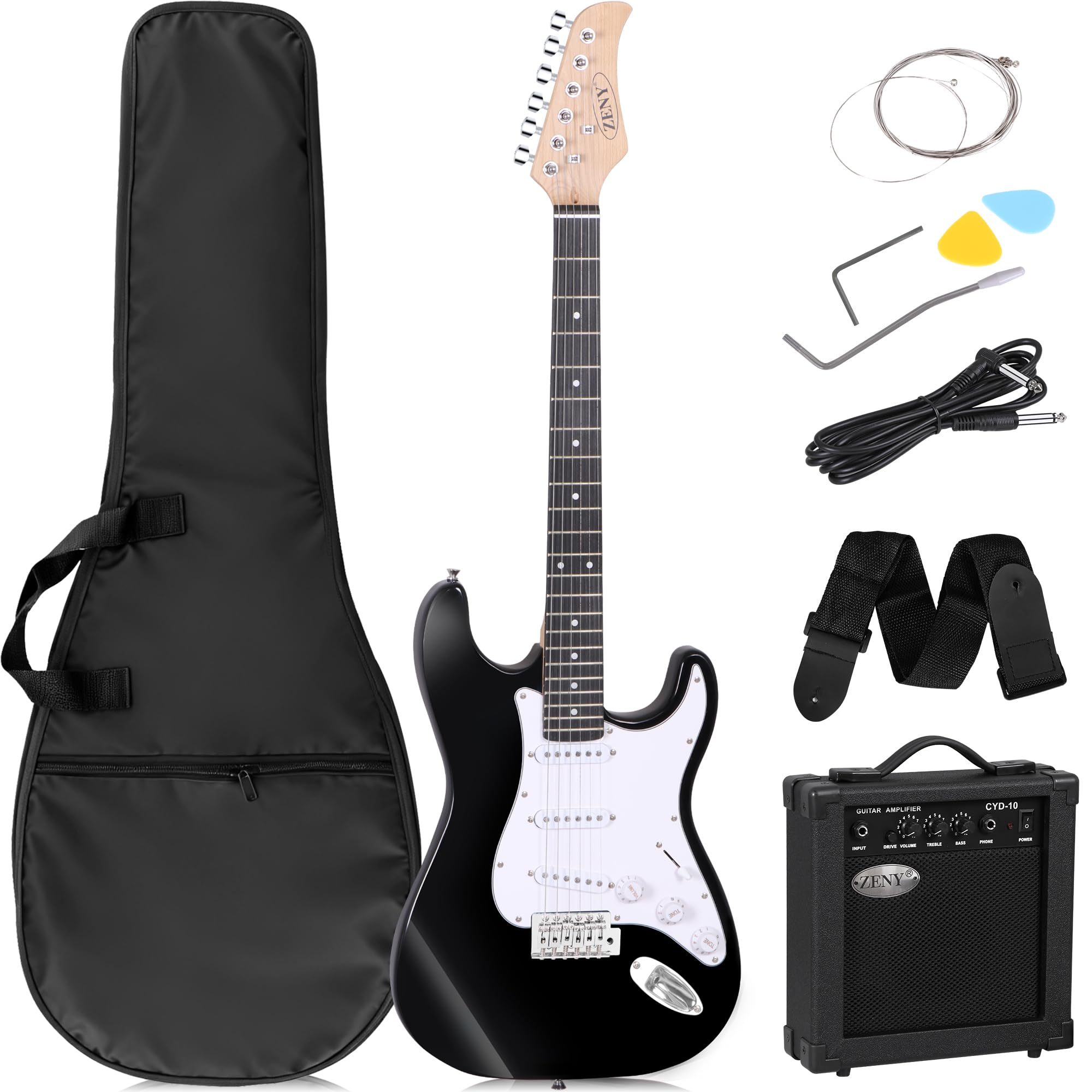 ZENY 39in Full Size Electric Guitar with 10W Amp, Case and Accessories Pack Beginner Starter Package, Black