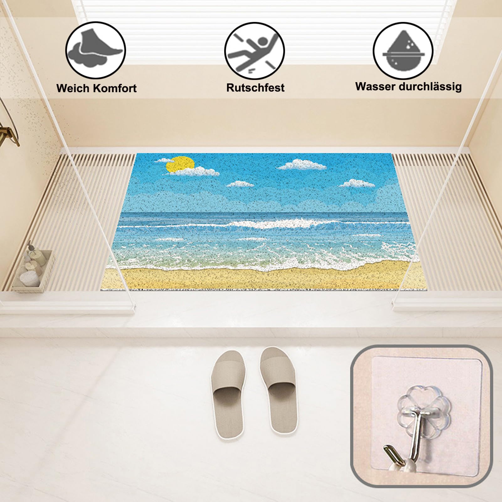 Badematte rutschfest 120X140 cm Strand Meer Wellen Duschmatten PVC Luffa Duschvorleger Weich mit Ablaufloch ohne Saugnäpfe für Duschkabine und Nassbereiche