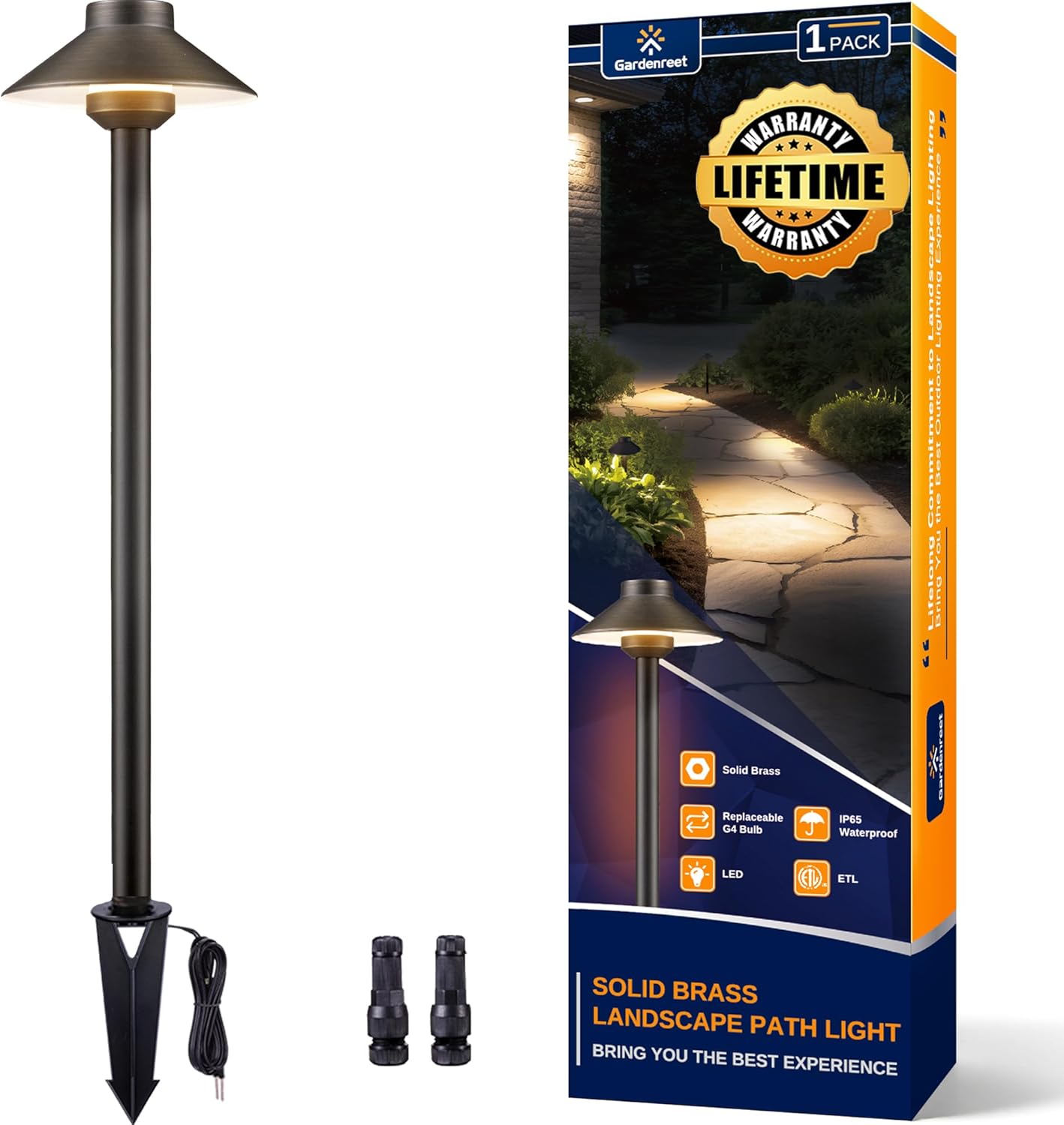 Gardenreet Outdoor Brass Pathway Lights - Low Voltage Landscape Path Lighting Wired, 12v Walkway Light LED IP65 Waterproof, Hat-Top Bronze for Outside Garden Yard Driveway G4 Bulb Not Included