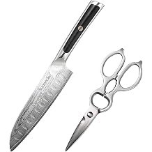 Sunnecko Kitchen Scissors Stainless Steel with Damascus Santoku Knife 7 Inch