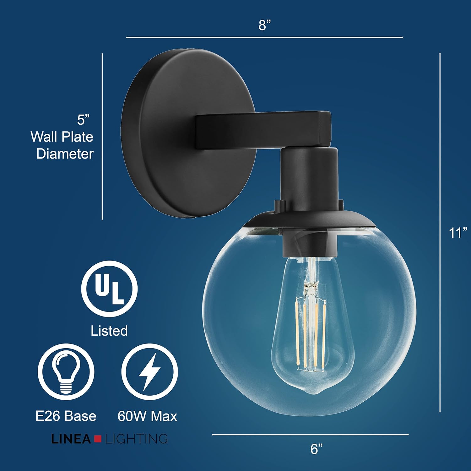 Linea di Liara Glass Globe Matte Black Wall Sconce Lighting Sferra Mid Century Modern Sconces Wall Lighting Fixture Bathroom Vanity Wall Sconces Wall Light for Hallway and Bedroom, LED Bulb Included