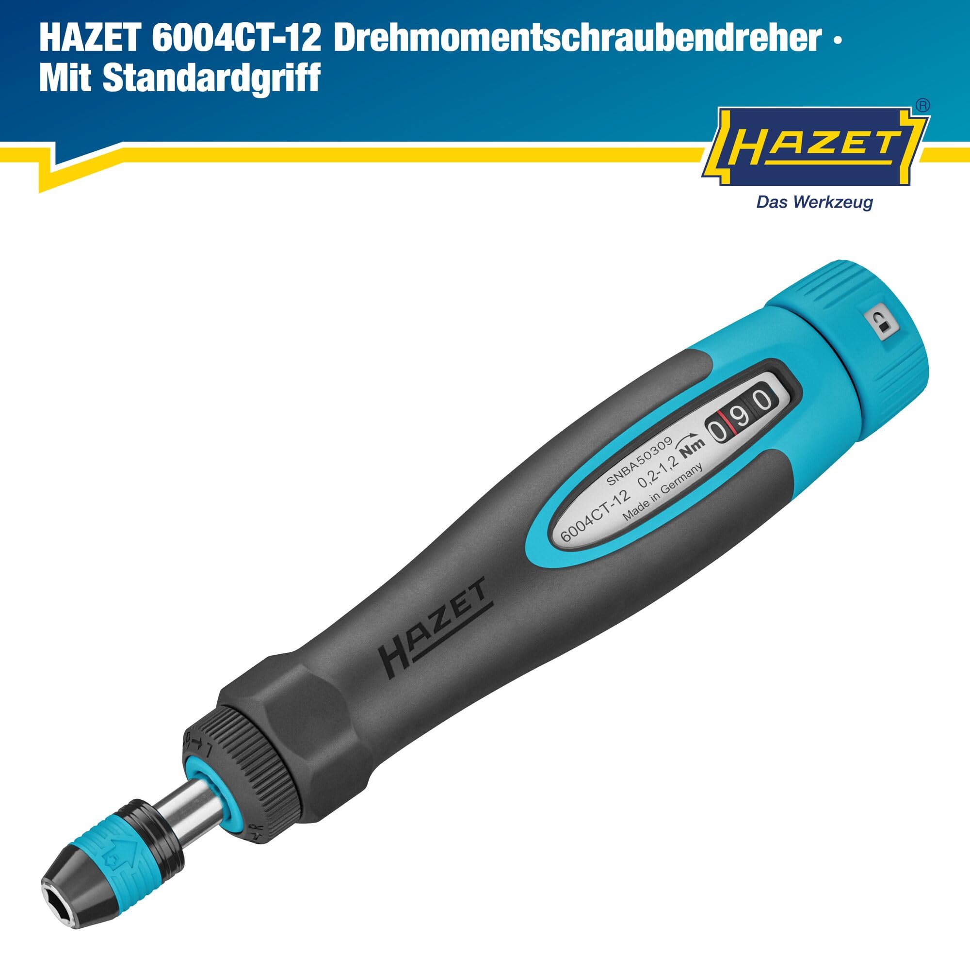 HAZET Drehmomentschraubendreher 6004CT-12, 1/4" mit Standardgriff, 0.2-1.2 Nm, 6% Genauigkeit, 196 mm Länge, umschaltbar rechts/links, Freilaufmechanismus