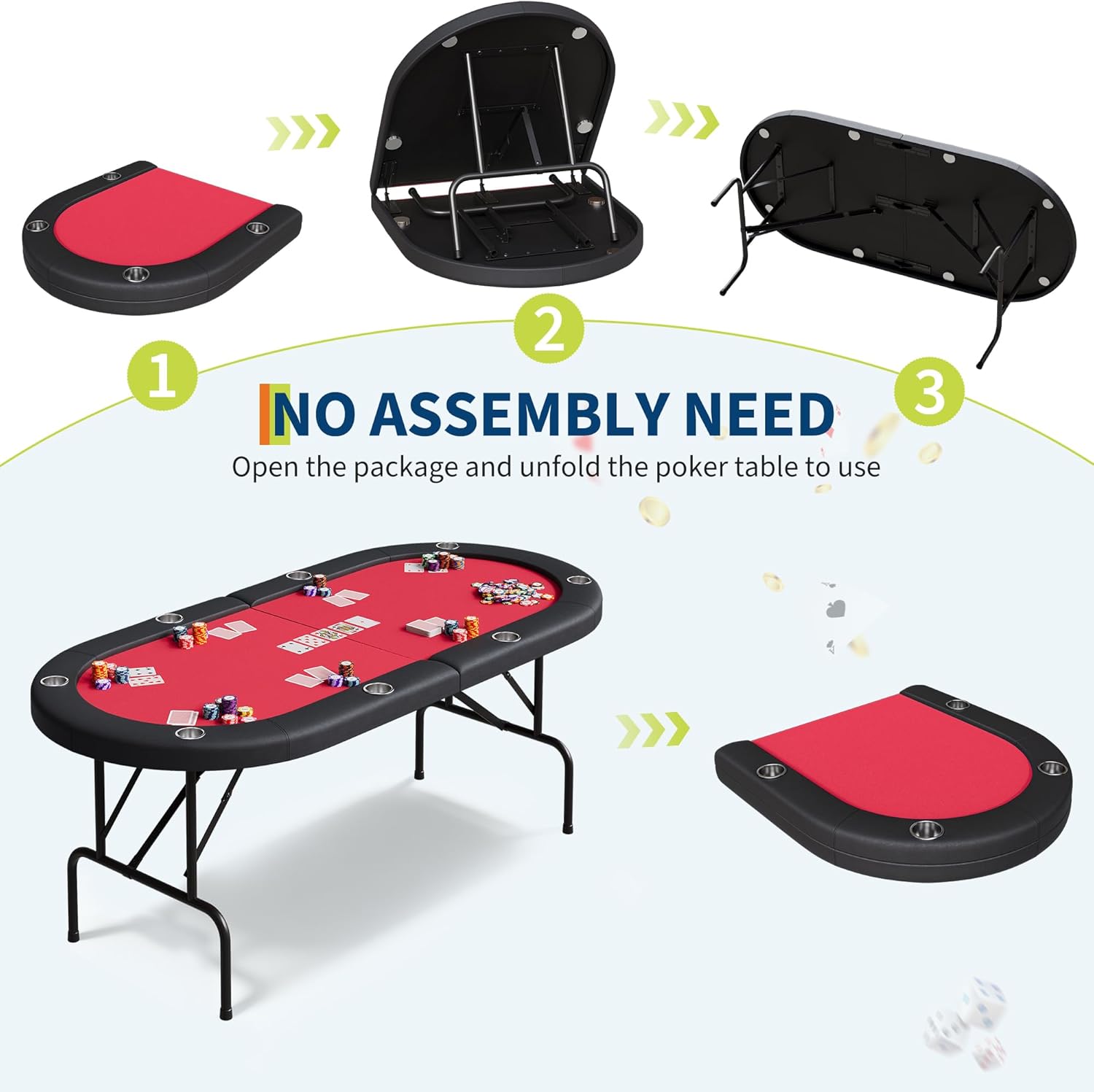 Garvee 8 Player Oval Poker Table Foldable, 72" Poker Game Tables with Storage Bag, Collapsible Legs, Padded Rails & Cup Holders, Portable Folding Game Table for Texas Holdem and Blackjack, Red