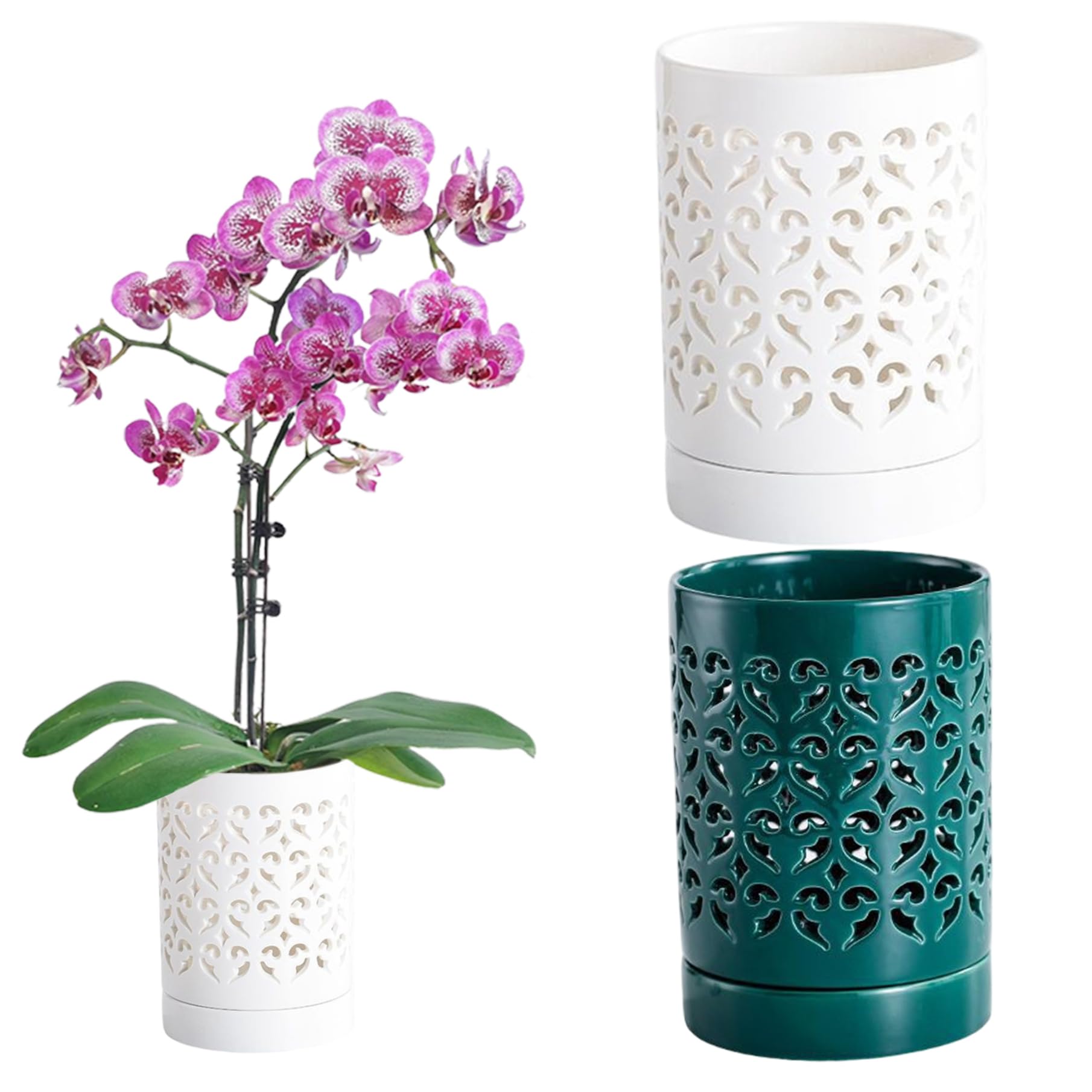 Awnsimfreien 2Pcs Orchid Planter, Orchid Pot, 4 Inch Ceramic Pots With Holes, Drainage And Ventilation Small Flower Pot With Saucer For Repotting, Indoor Outdoor Plants, Pots For Repotting
