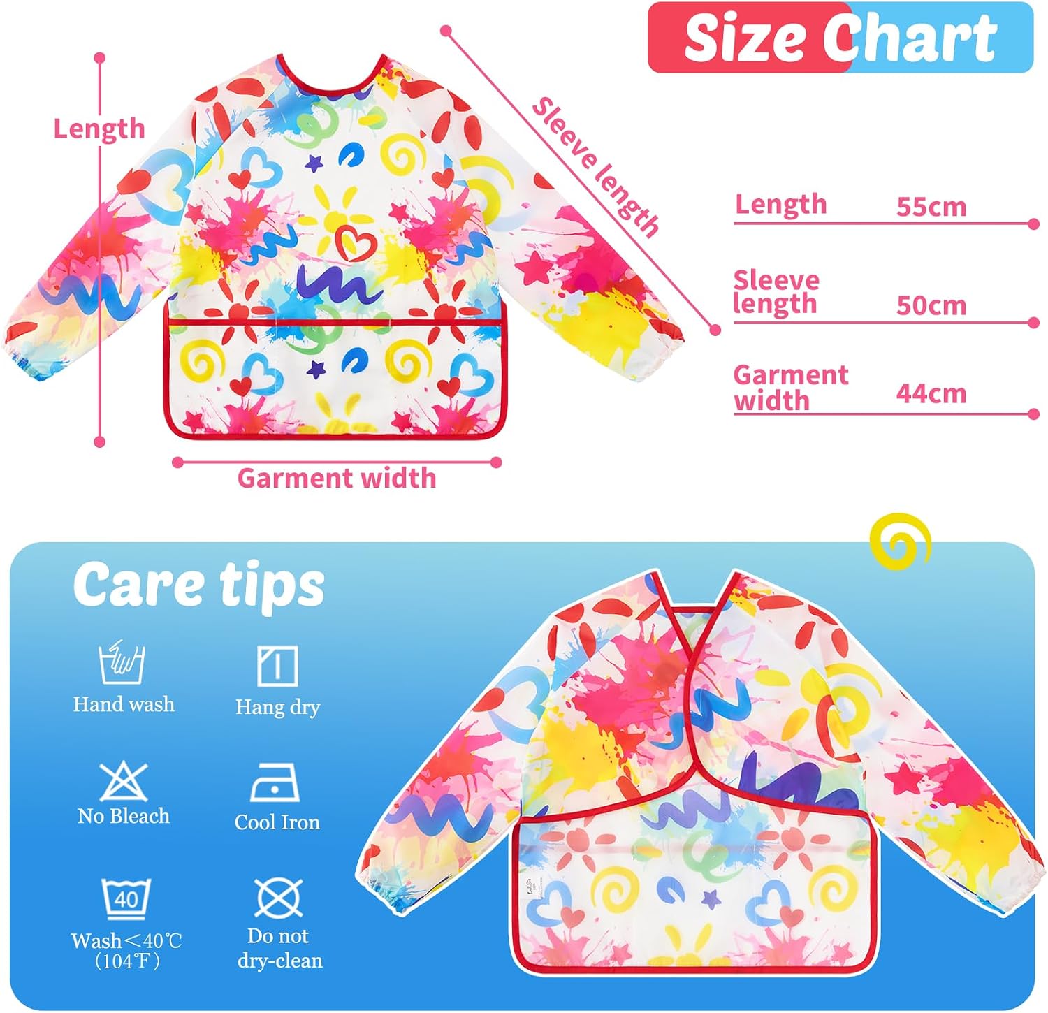 WERNNSAI Kids Art Smock, Toddler Art Painting Smock Kids Aprons with Long Sleeve and 3 Pockets