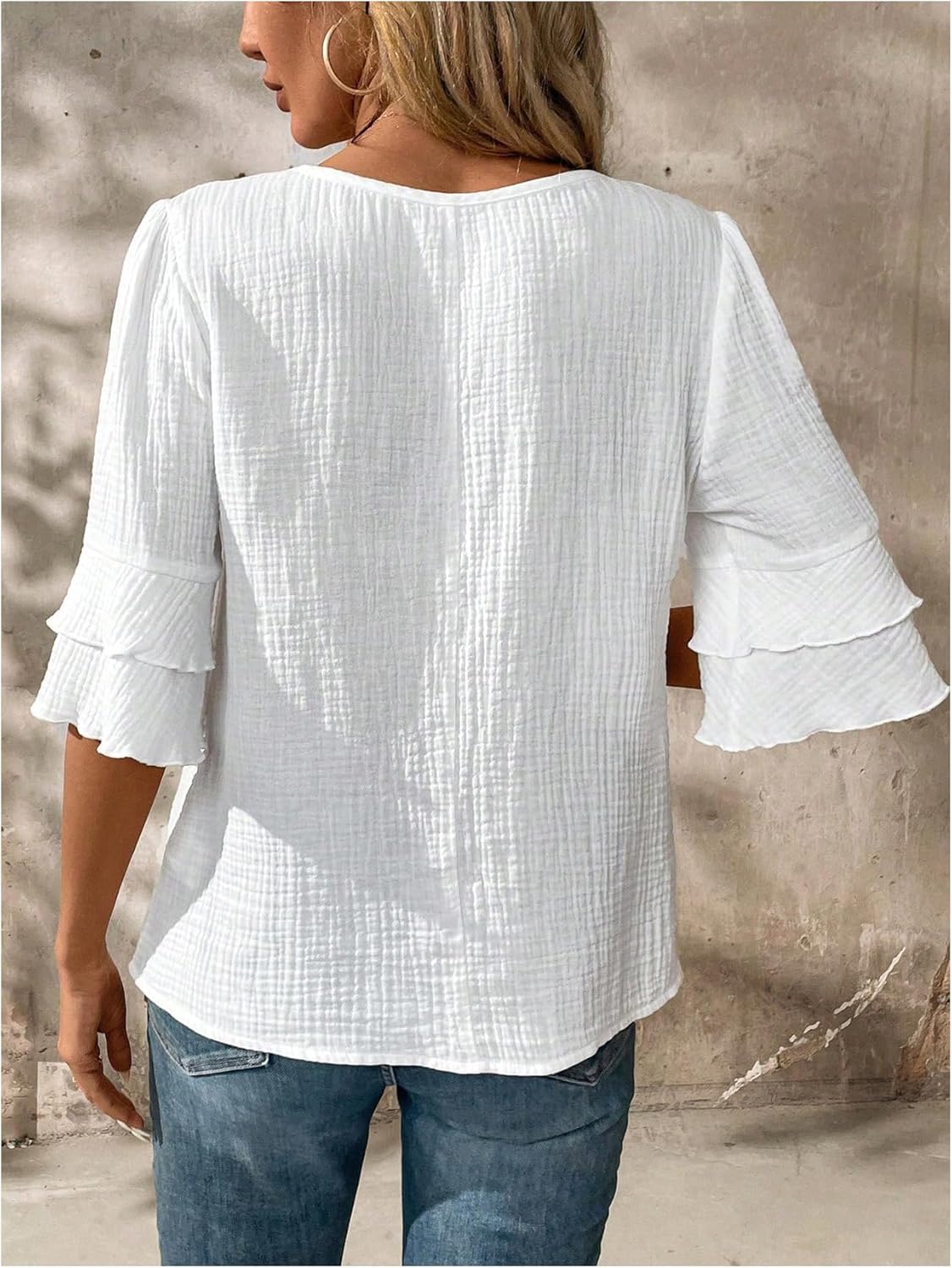 SHENHE Women's Summer Linen Blouse Ruffle Short Sleeve V Neck Casual Dressy Going Out Top Shirt - Image 2