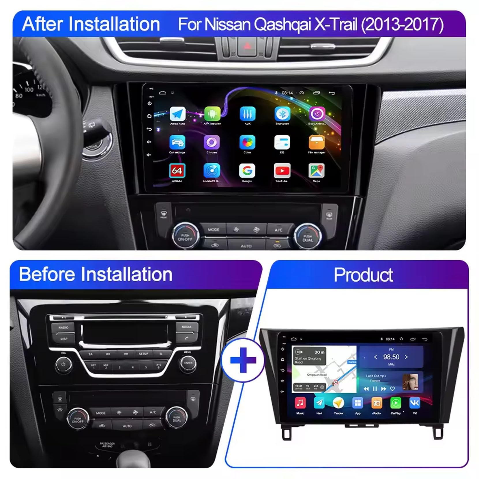 9-calowy podwójny DIN samochodowy system stereo z systemem Android 15 do Nissana X-Trail T32 Qashqai 2 J11 2013-2017 z kamerą tylną Car Play, sterowaniem z kierownicy, Bluetooth, GPS, radiem