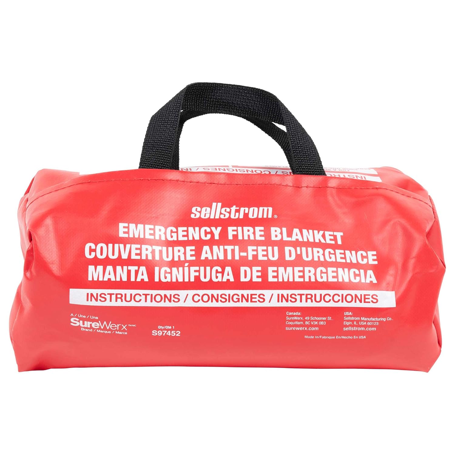 Sellstrom – 100% Fiberglass Emergency Fire Blanket - 6' x 5' - High Temperature Resistant - Small Red Vinyl Handle Bag - White