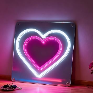 Valentines Day Decoration, Double Heart LED Neon Sign, USB Powered Dimmable Decorative Neon Light for Home Bedroom Living Room Wall Table Romantic Anniversary Love Theme Decor Party Gift 9.8 x 9.8 In