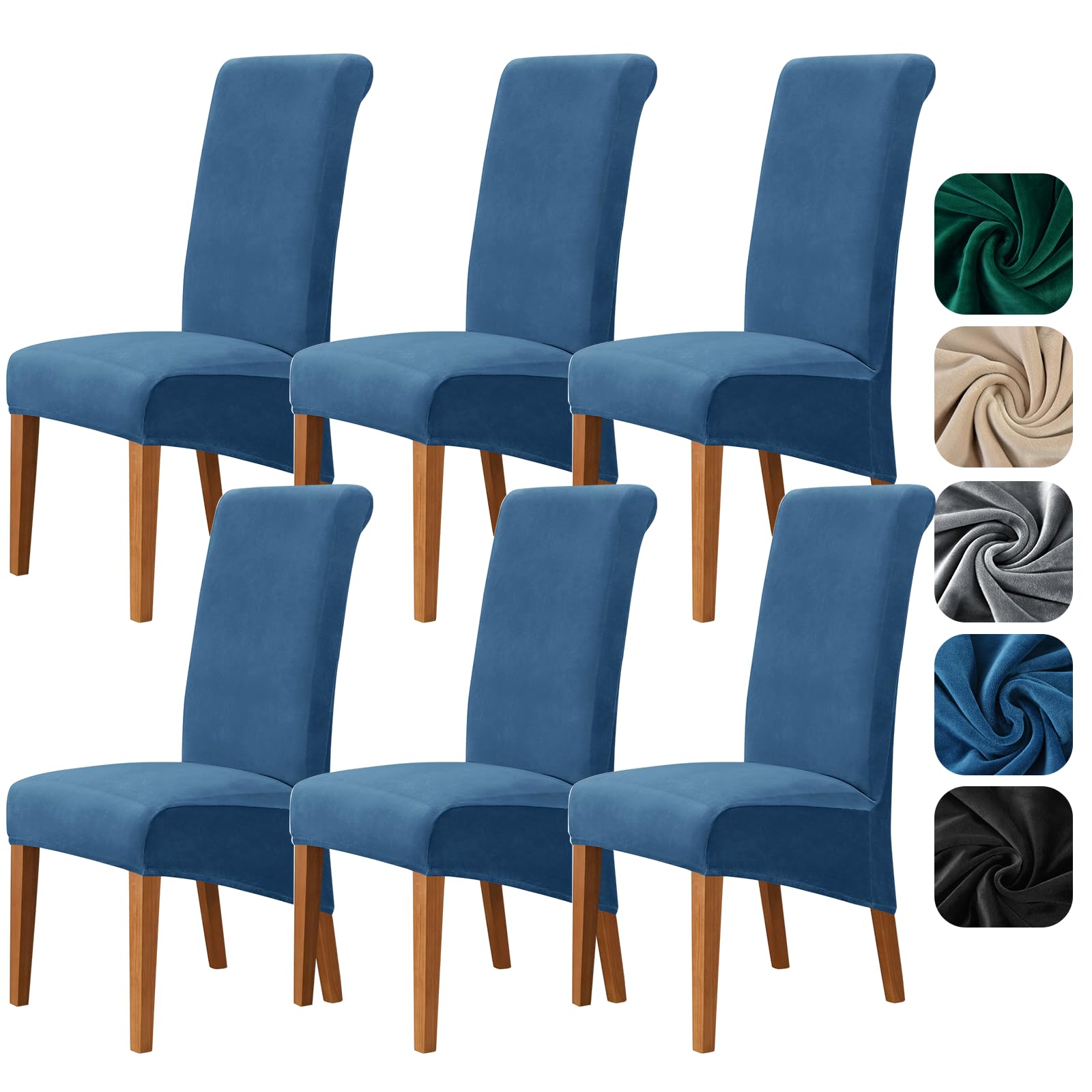 Alishomtll High Back Chair Covers Set of 6, Stretch Velvet XL Dining Chair Slipcovers, Large Size Washable Removable Chair Protector for Dining Room Kitchen Banquet Wedding Party (Blue, 6psc)