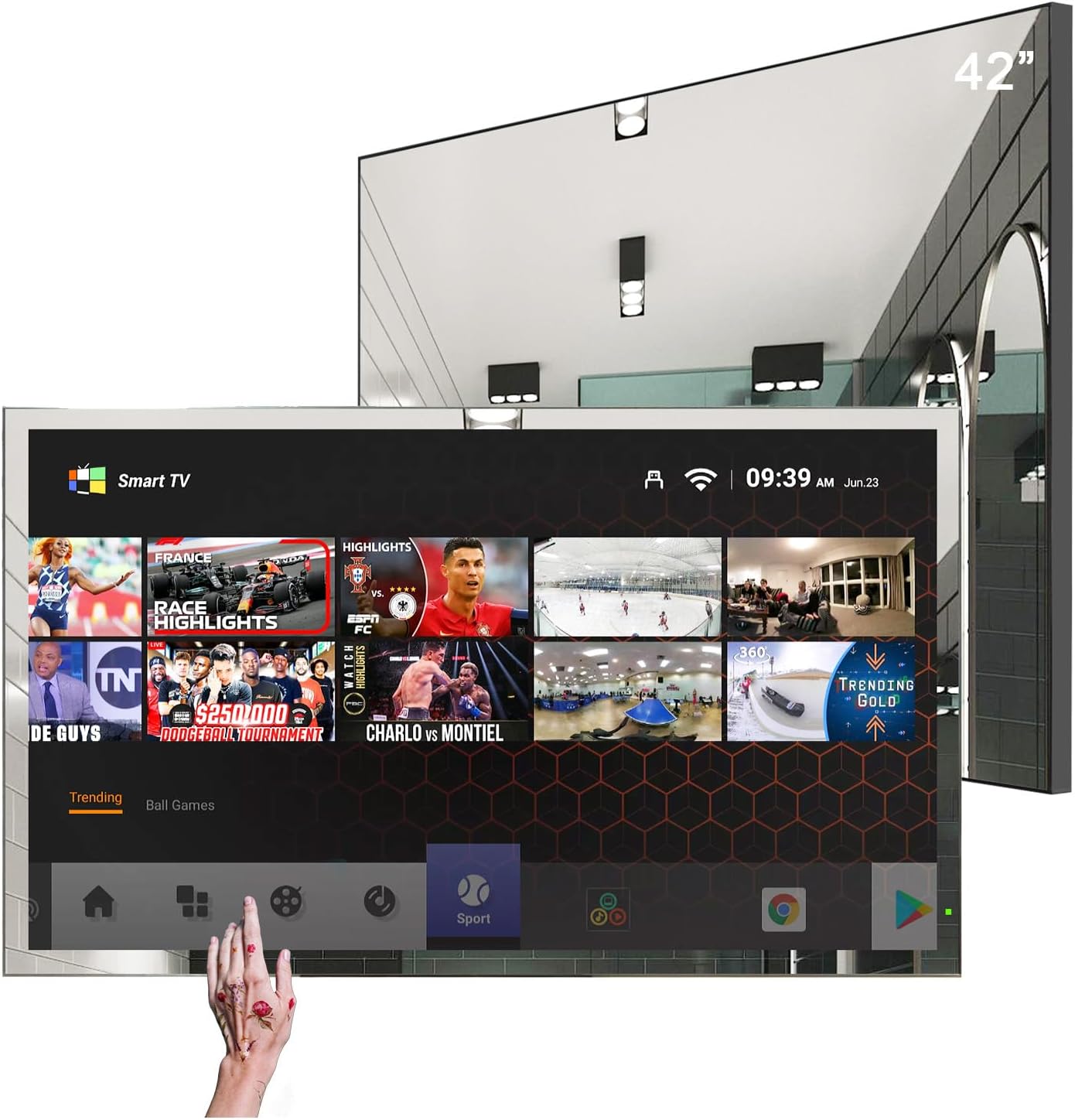 Soulaca 42 inches 4K Touchscreen Mirror Vanishing TV Waterproof IP65 Bathroom Television WiFi Android DTV ATSC Bluetooth Decoration Advertising SPA