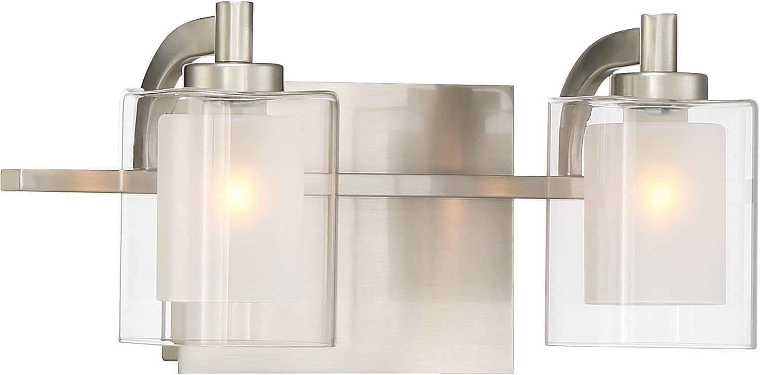 Quoizel Kolt Modern Vanity Lights, 2-Light, 13 Inch Brushed Nickel Bathroom Lighting Fixtures Over Mirror, Sandblasted Inner Glass, 50 W LED Bulb, Wall Mount Light for Bathrooms, Kitchen or Hallway