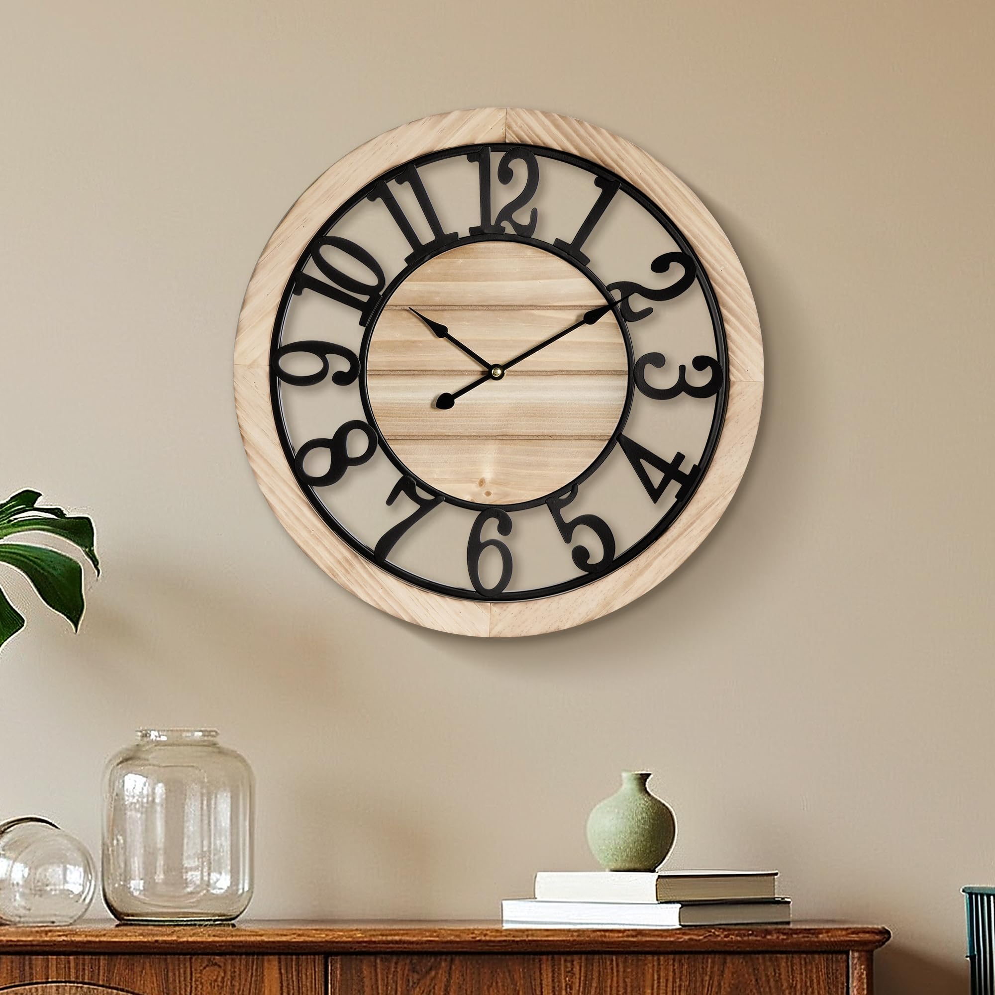Maxstar 16'' Wall Clock for Living Room Decor, Ultra-Silent Rustic Wooden Farmhouse Wall Clock with Metal & Real Wood Frame, Battery Operated, for
