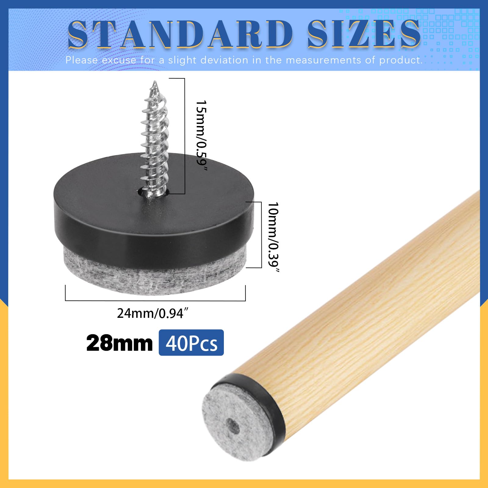 Glarks 40pcs Black 24MM Furniture Glide Screw-on Furniture Antiskid Felt Pad Slider Floor Protector for Wooden Leg Feet of Chair Table Sofa Stool - Image 2
