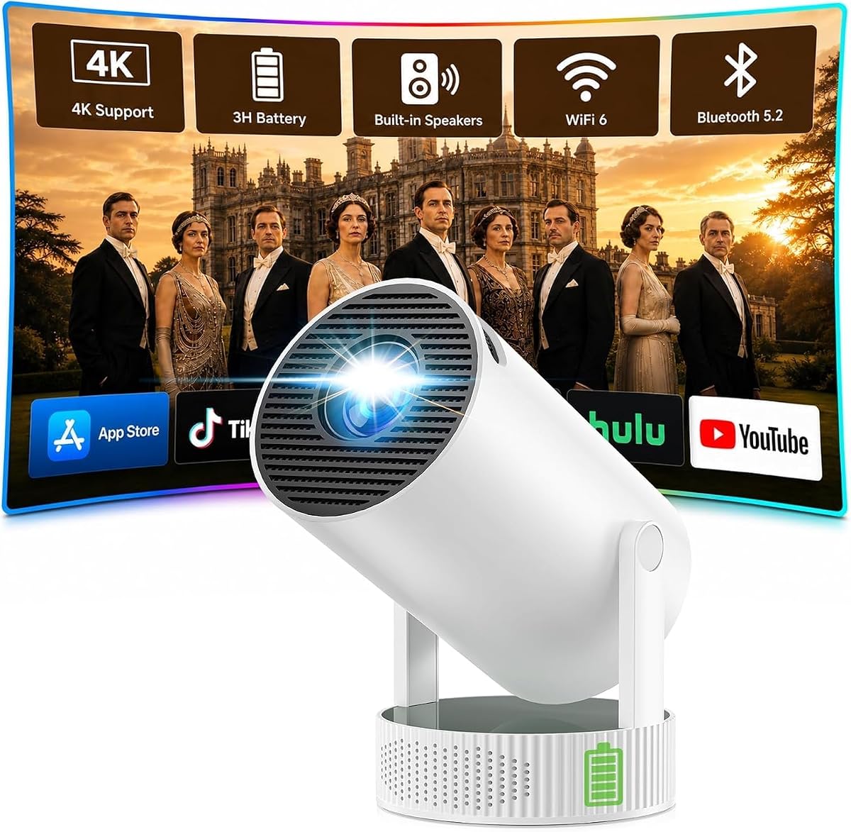 Mini Projector with WiFi and Bluetooth, Portable Projector with Built-in Battery, 4K Supported Android 11.0 Smart Outdoor Projector for Camping, Bedroom, Compatible with iPhone/TV Stick/HDMI/Laptop