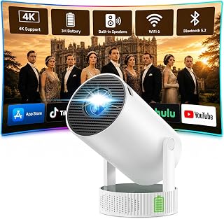 Mini Projector with WiFi and Bluetooth, Portable Projector with Built-in Battery, 4K Supported Android 11.0 Smart Outdoor Projector for Camping, Bedroom, Compatible with iPhone/TV Stick/HDMI/Laptop
