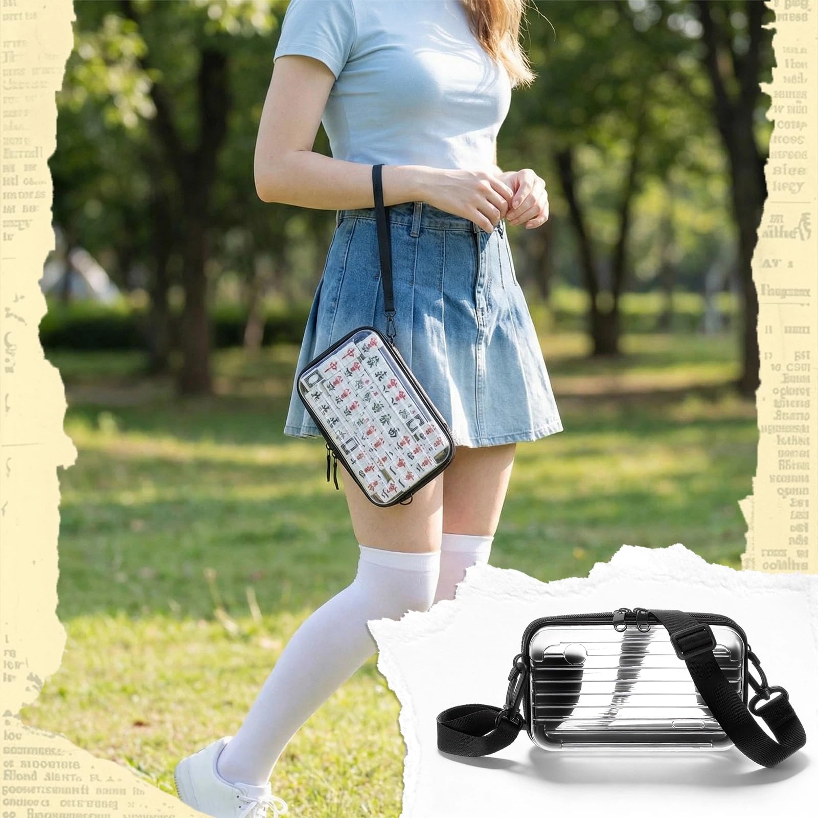 Abbylike Mini Chinesisches Mahjong Set, 144 Fliesen Tragbares Mahjong Komplettset mit Crossbody-Tasche & 2 Würfeln, authentisches Reisespiel für Erwachsene & Familie für Outdoor-Spaß, Reisen