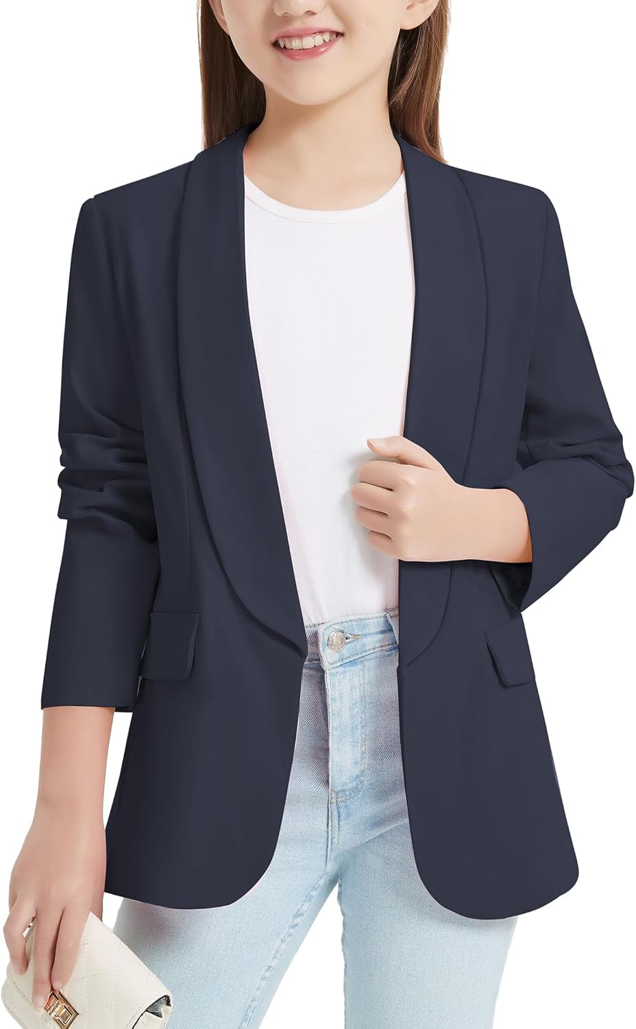 EXARUS Girls Blazer Jacket Teen Suit Long Sleeve Shawl Collar Formal Blazers Open Front Inner Pocket for Kids 6-12 Year