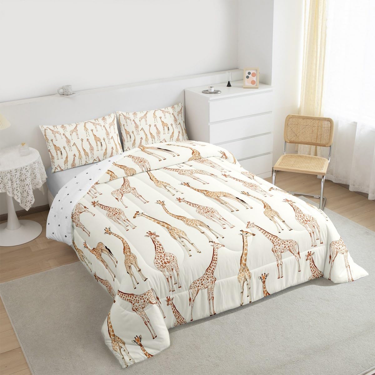 Feelyou Jungle Animal Bedding Set Soft for Boys Girls, Cute Giraffe Comforter Set Twin Size Wildlife Duvet Quilt Microfiber African Safari Animal Bedroom Decor Brown White 2 Pcs with 1 Pillow Cases