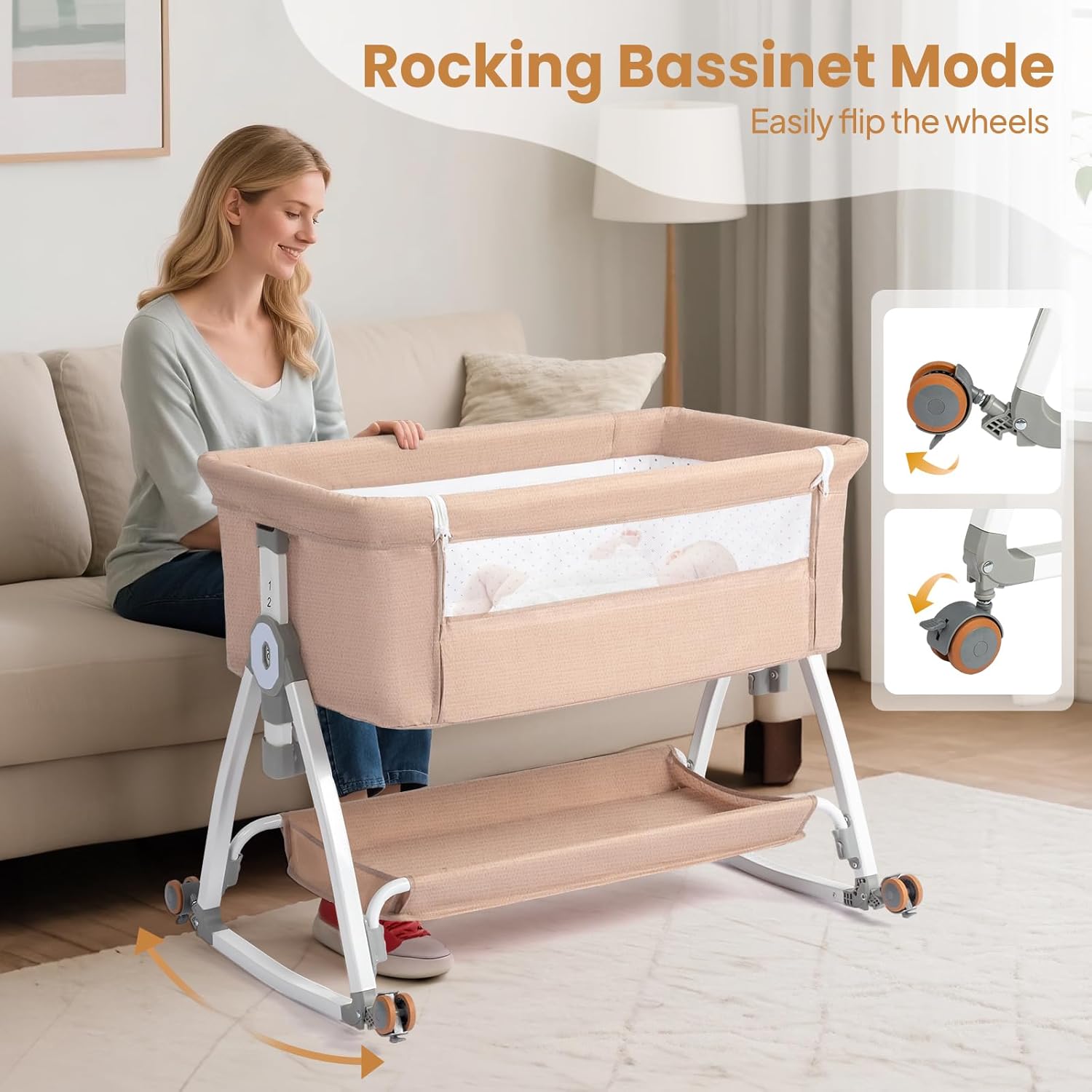 JOYMOR 3 in 1 Baby Bassinet, Bedside Bassinet for Baby, with Comfy Mattress and Wheels, 6 Height Adjustable Easy Folding Portable Bedside Crib for Newborn (Beige)