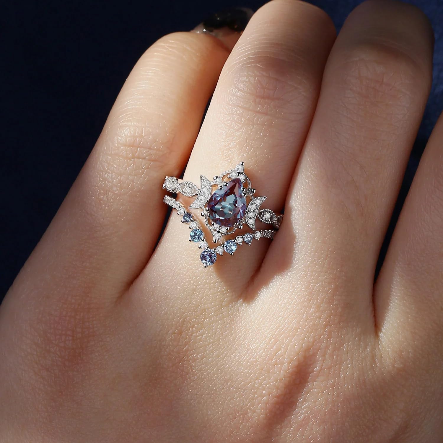 1 Carat Pear Shaped Gemstone Ring Set 2PCS Moon Gemstone Engagement Rings for Women S925 10K 14K 18K Gold Art Deco Gemstone Wedding Rings Set Bridal Set Promise Rings Birthday Christmas Gifts