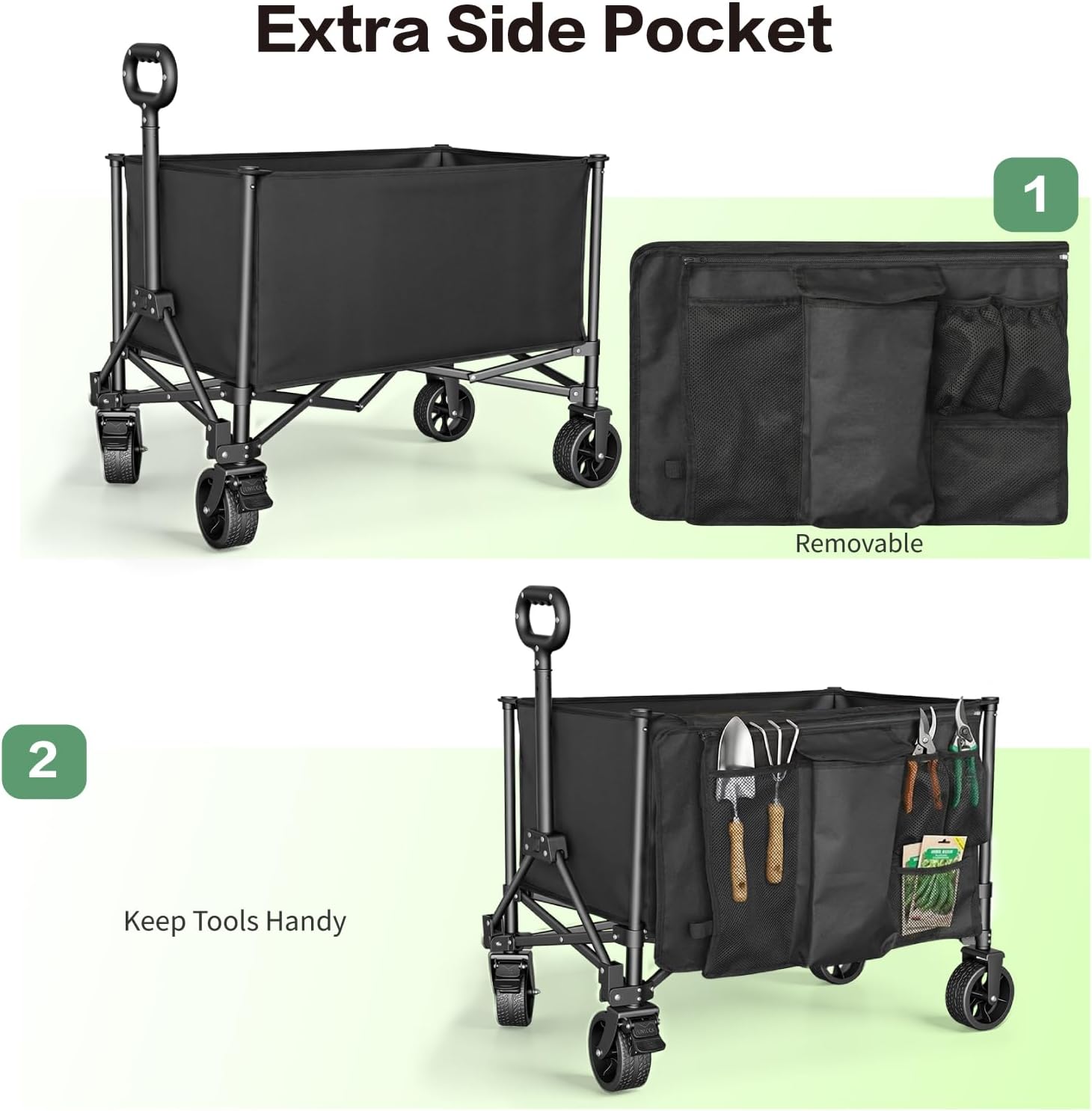 Collapsible Wagon Carts 140L with Waterproof Cover, 360LBS Heavy Duty Foldable Grocery Cart with Detachable Side Pouch & 360° Front Wheels for Garden,Camping, Shopping, Outdoor Sports (Black)