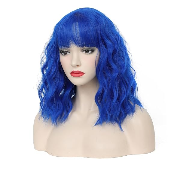 CLIONE Dark Blue Wigs for Women Cosplay Wig Short Wavy Bob Wigs Women Girl's Synthetic Wig Blue Wig with Bangs Shoulder Length Natural Wavy Colored Wigs For Daily Party Use Halloween Costume Wigs 14