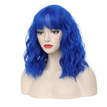 CLIONE Dark Blue Wigs for Women Cosplay Wig Short Wavy Bob Wigs Women Girl's Synthetic Wig Blue Wig with Bangs Shoulder Length Natural Wavy Colored Wigs For Daily Party Use Halloween Costume Wigs 14