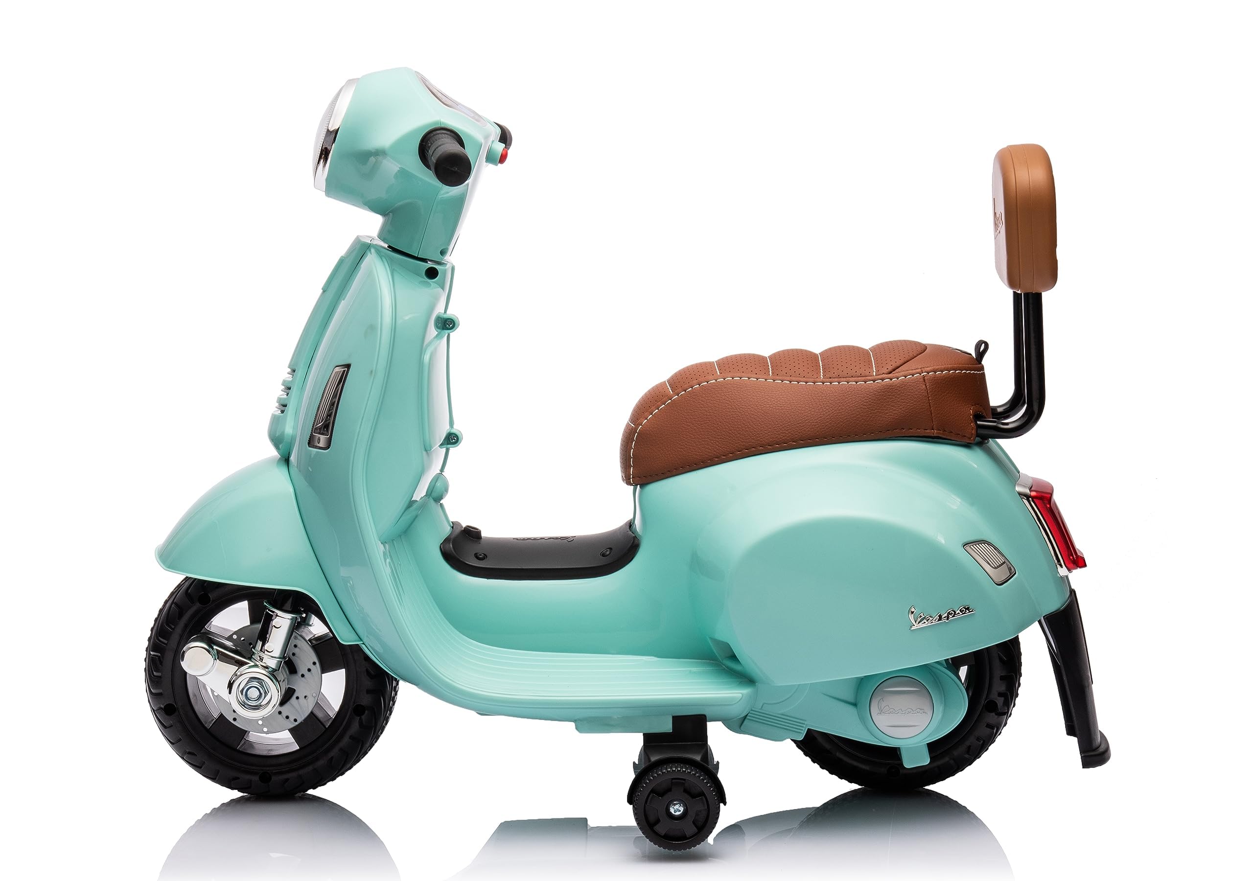 Mondial Toys Moto Elettrica Scooter per Bambini Mini Vespa GTS Piaggio 6V con Schienale Sedile in Pelle Luci Suoni Verde Tiffany