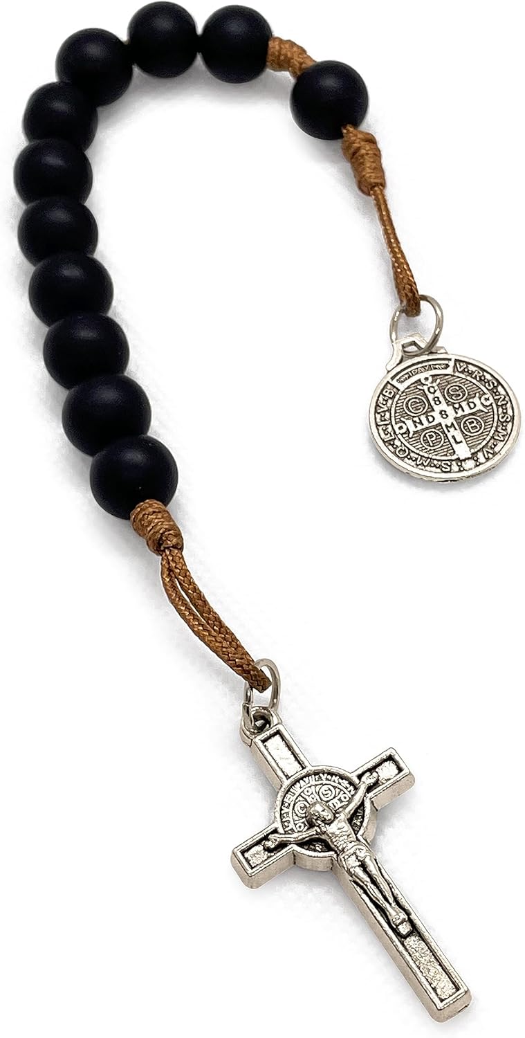 Catholic Prayer Pocket Rosary Saint Benedict Medal Black Beads San Benito Tenner Open Style One Decade Rosary - Image 2