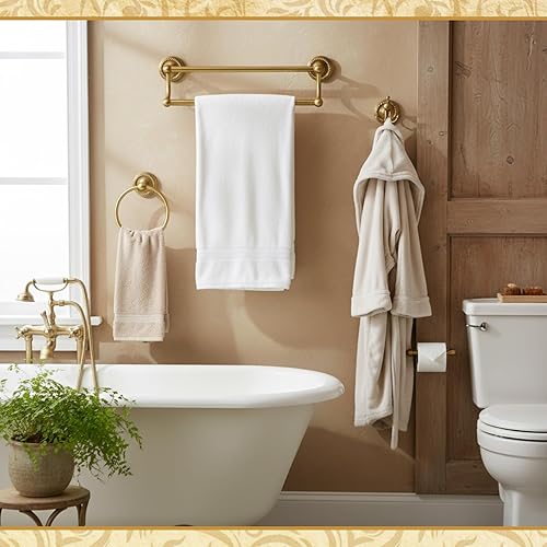 Miniatura 4 de Juego de 4 accesorios de baño de latón antiguo dorado montado en la pared, toallero, soporte para papel higiénico y gancho para bata, juego de