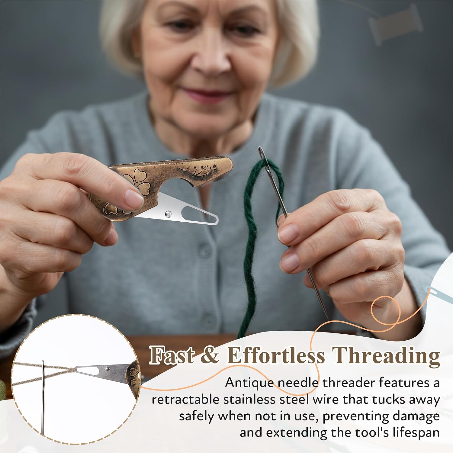 Enhon 2 Pack Needle Threaders for Hand Sewing, 5.1" x 2.8" x 0.5" Antique Yarn Threader for Embroidery Floss, Yarn, Sewing Machine, Easy Threading for Senior & Beginner
