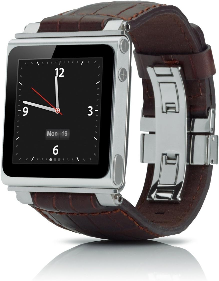 iWatchz STLDBRDYTP Timepiece Stainless Leather Watch Strap for iPod nano 6th Gen with Deploy-Dark Brown