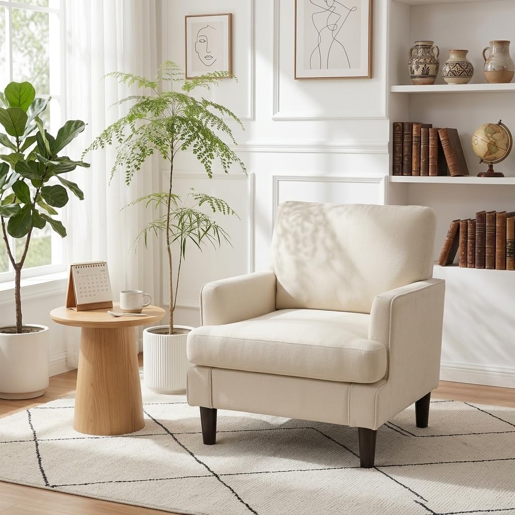 Kromax Accent Chair for Living Room Set of 2, No Screws Assembly Required, Mid-Century Reading Chair for Bedroom, Comfy Upholstered Armchair with Sturdy Legs, Single Sofa Chair for Apartment, Beige