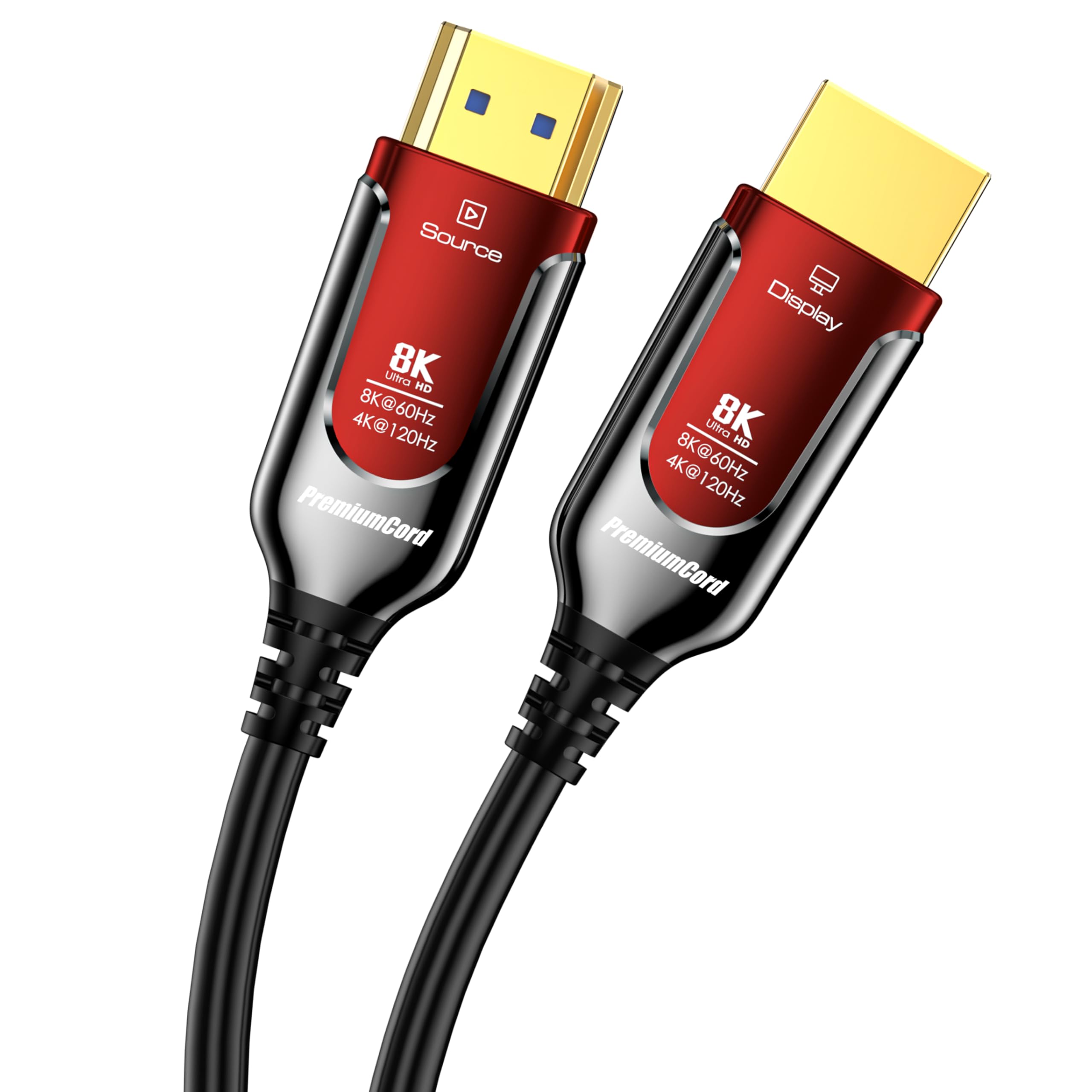 PREMIUMCORD 8K Cable de Fibra Óptica HDMI 2.1, Ultra Alta Velocidad 48 Gbit/s, 3D, EDID, eARC, HDR, Resolución 8K@60Hz 4320p, 4K@240Hz, Compatible con PS5, Xbox X, PC, TV, Chapado en Oro, Longitud 25m